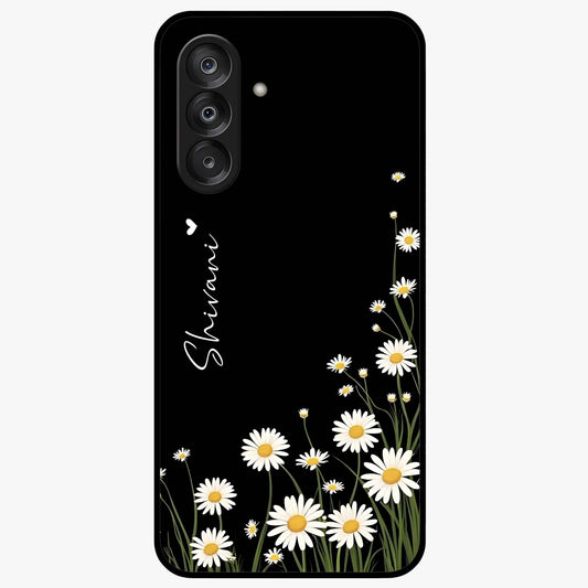 Daisy Cascade Custom Name Glass Case showing flat back view with cascading daisy flowers and personalized name design.