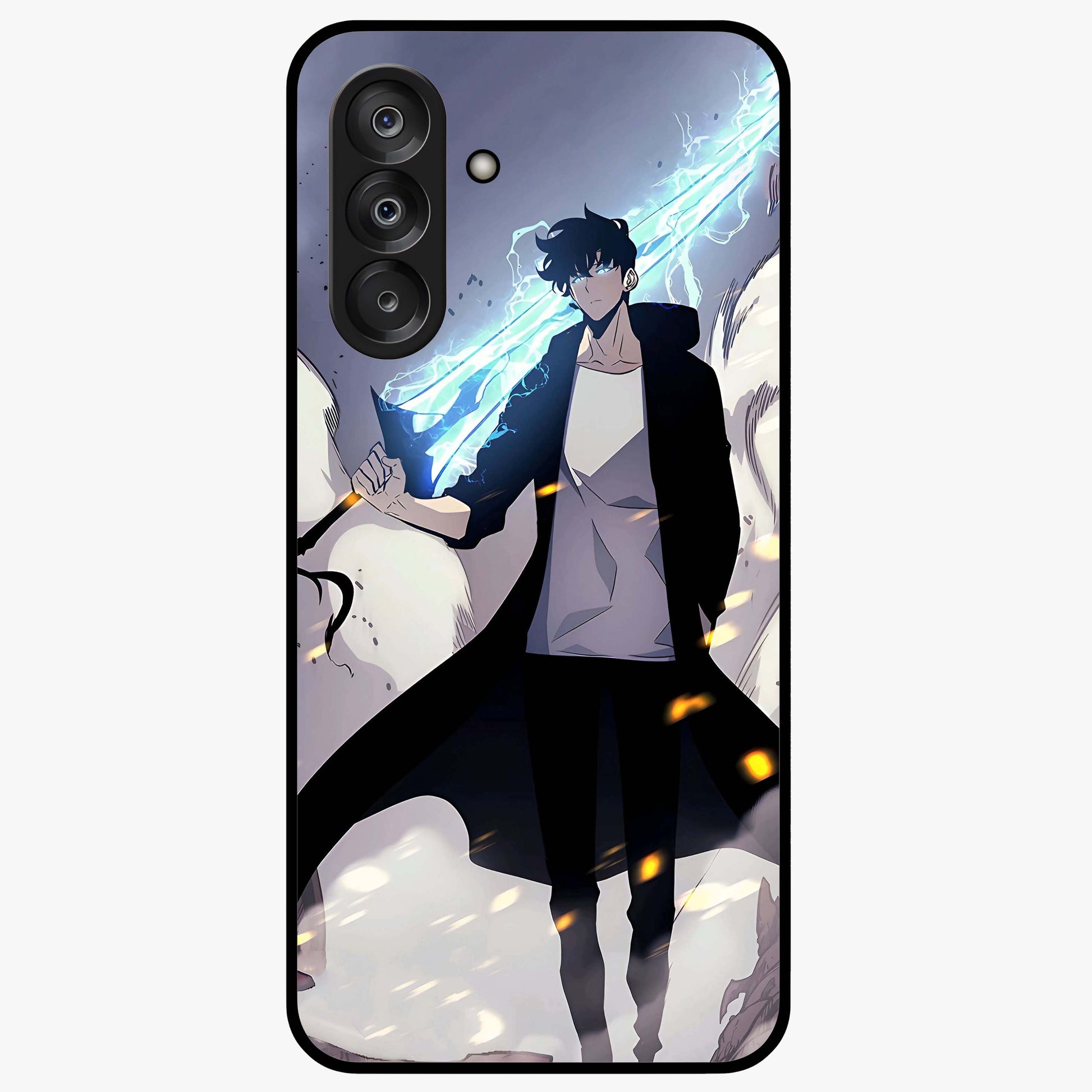 Dark Lightning Anime Warrior Glass Case showing flat back view with intense anime warrior artwork and glossy glass finish.