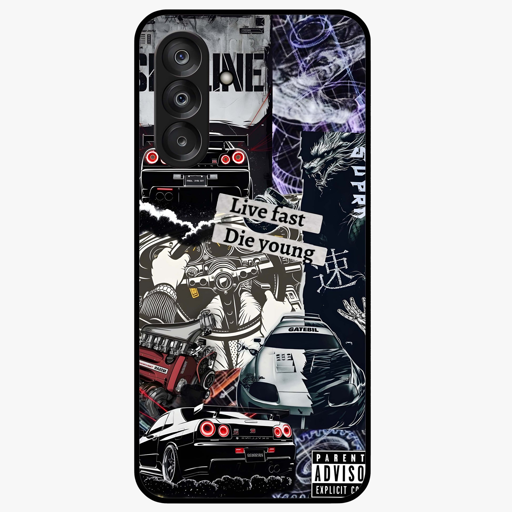 Die Young Glass Case showing flat back view with bold artistic typography design and glossy glass finish.