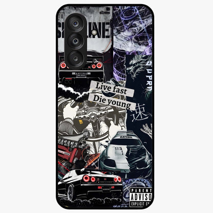 Die Young Glass Case showing flat back view with bold artistic typography design and glossy glass finish.