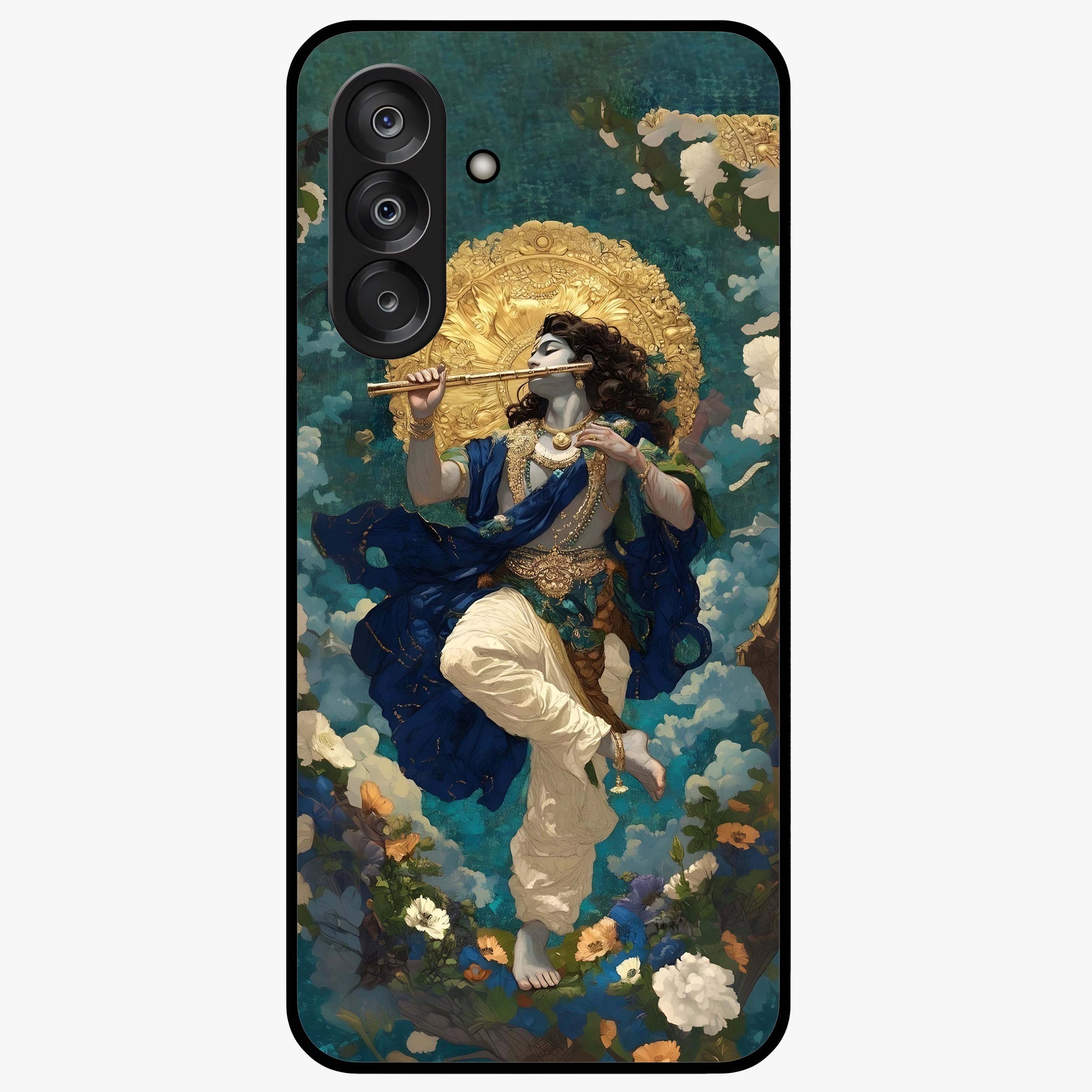 Divine Krishna Art Glass Case showing flat back view with Lord Krishna artwork and glossy glass finish.