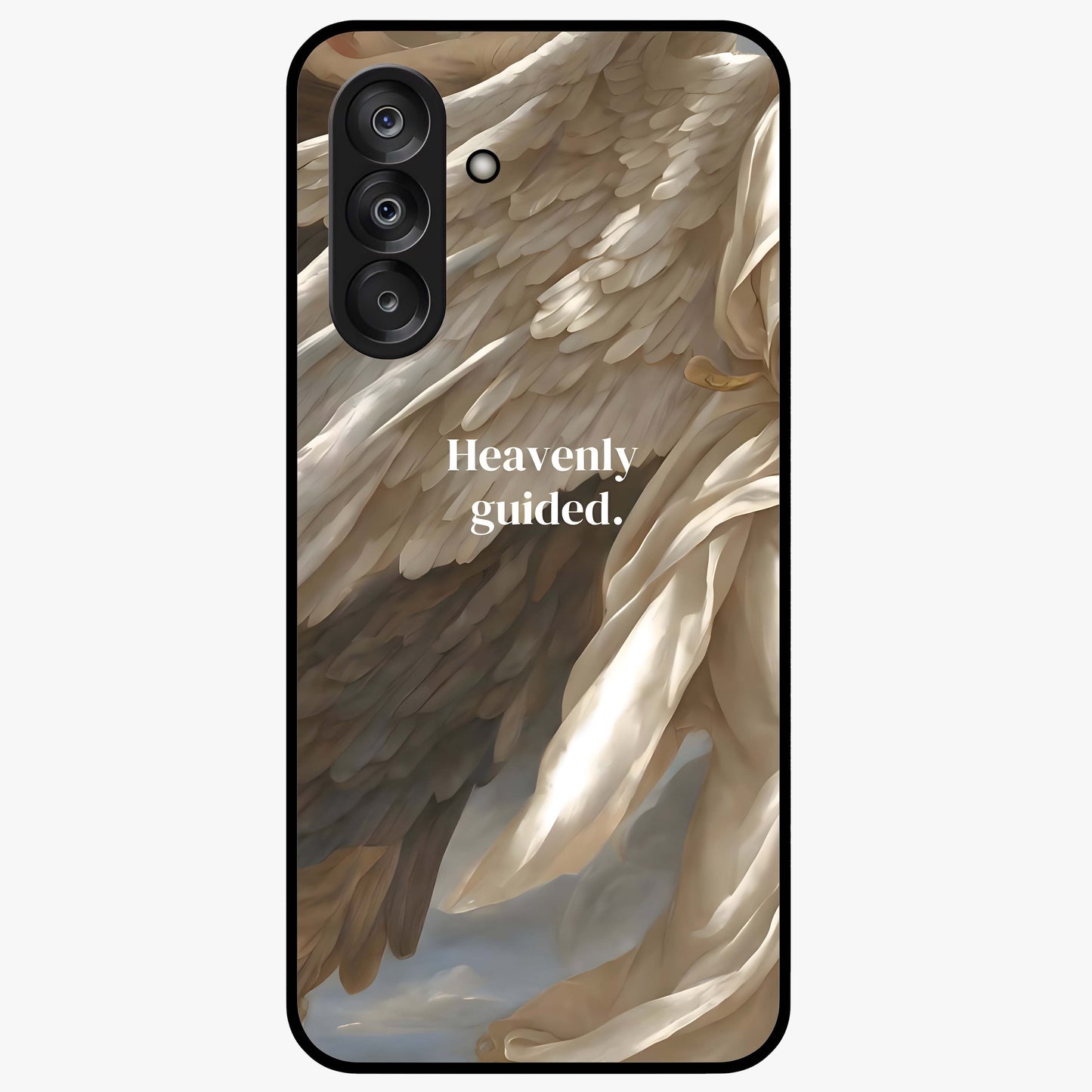 Divine Winged Grace Glass Case showing flat back view with elegant wing inspired artwork and glossy glass finish.