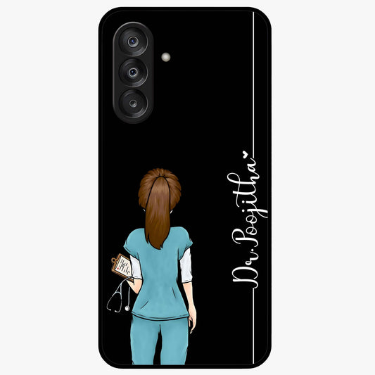 Doctor Pattern Custom Name Glass Case showing flat back view with medical themed pattern and personalized name design.