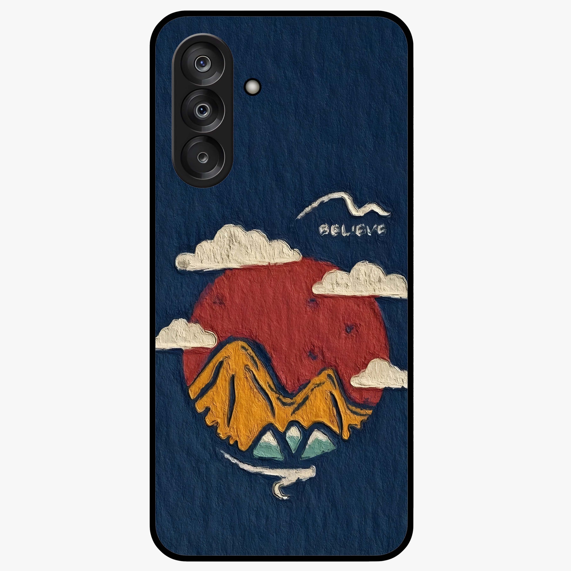 Dream Beyond Mountains Glass Case showing flat back view with scenic mountain landscape artwork and glossy glass finish.