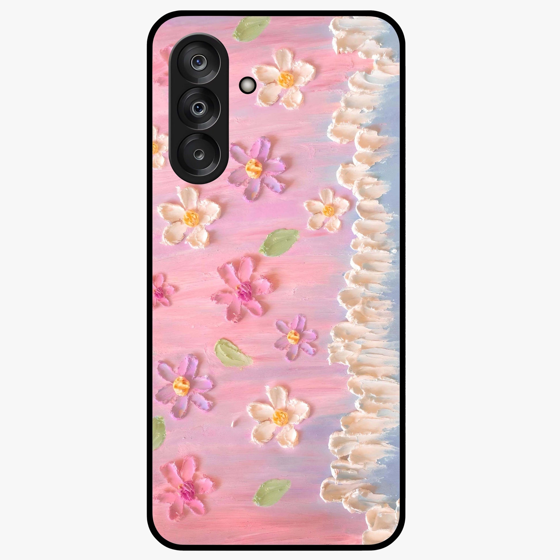 Dreamy Painted Garden Glass Case showing flat back view with artistic painted floral garden artwork and glossy glass finish.