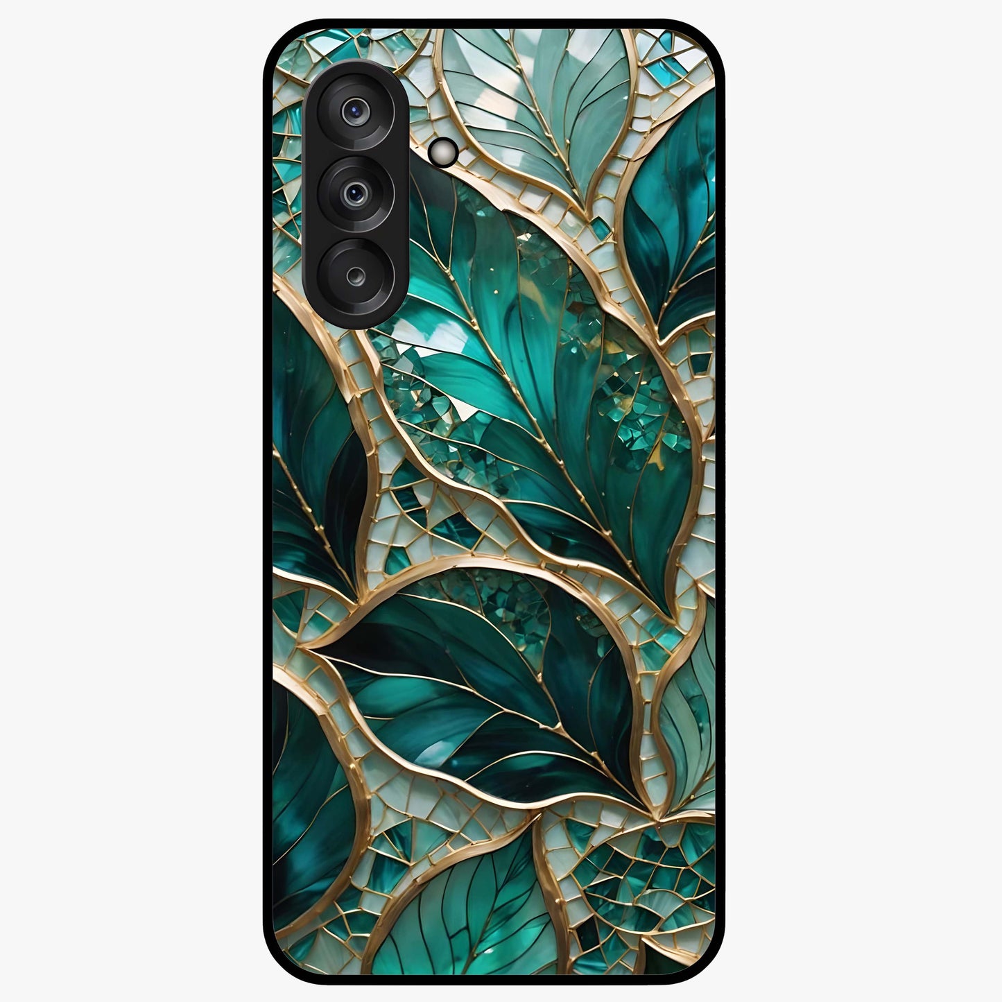 Emerald Leaf Glass Glass Case showing flat back view with emerald green leaf artwork and glossy glass finish.