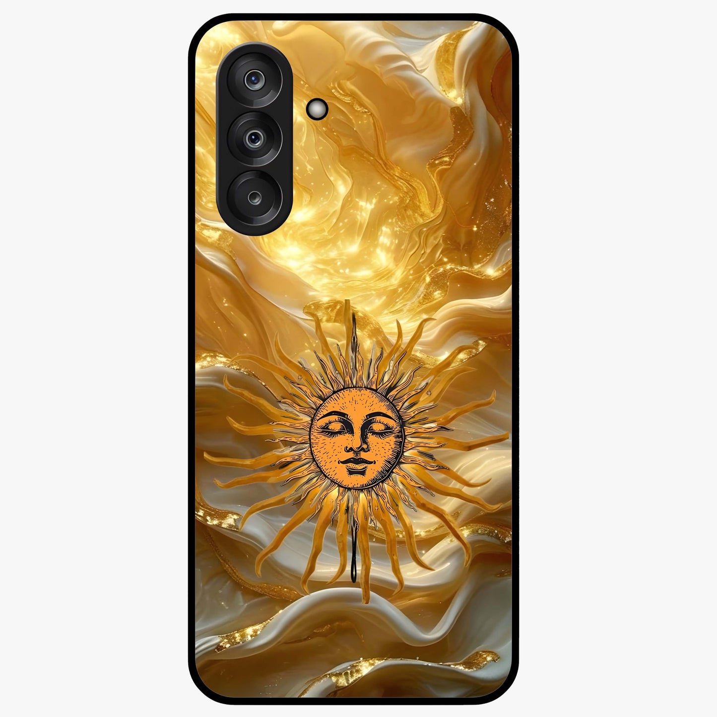 Eternal Golden Glow Glass Case showing flat back view with radiant golden themed artwork and glossy glass finish.