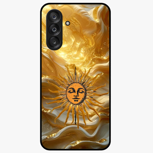 Eternal Golden Glow Glass Case showing flat back view with radiant golden themed artwork and glossy glass finish.