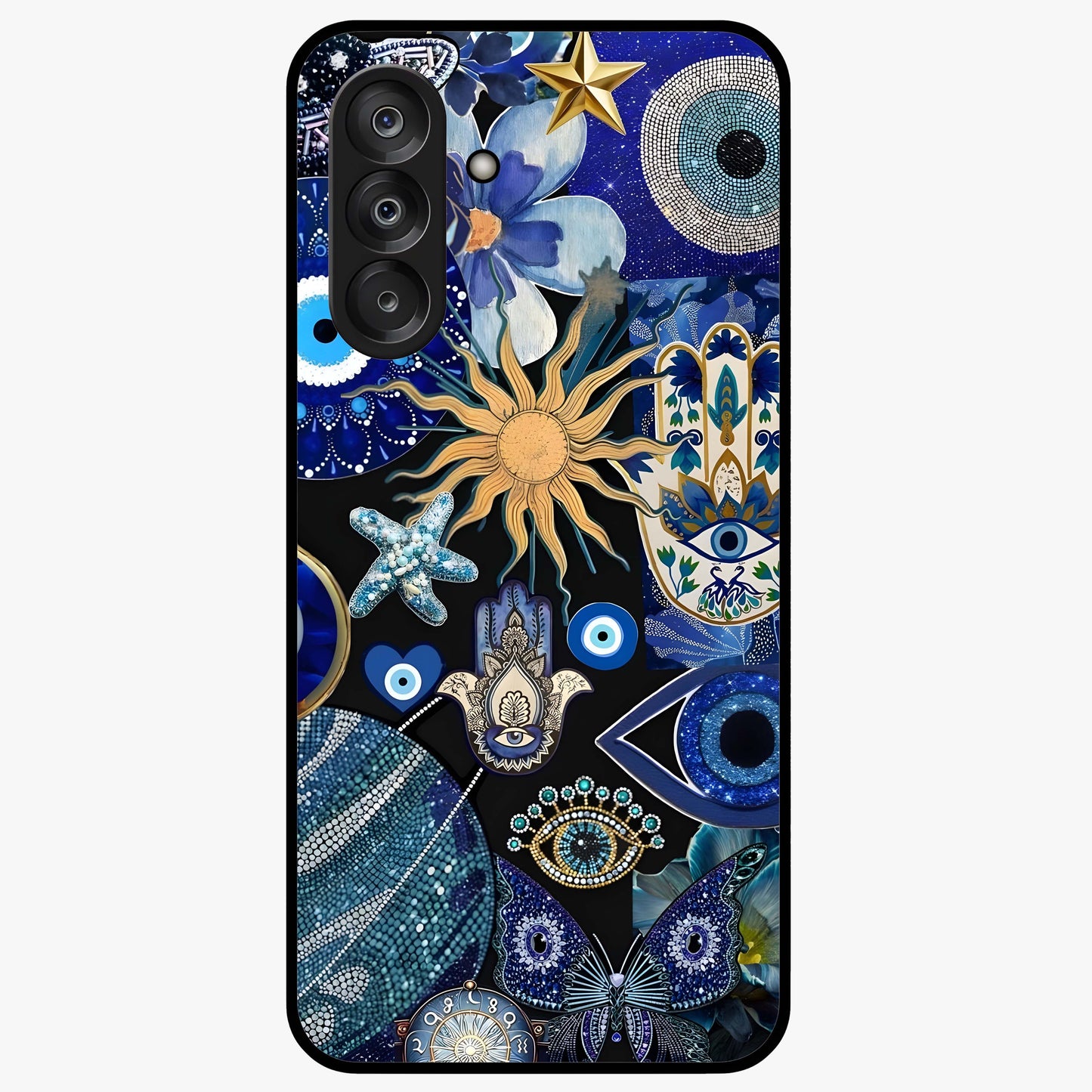 Evil Eye Charm Mix Glass Case showing flat back view with multiple evil eye charms artwork and glossy glass finish.
