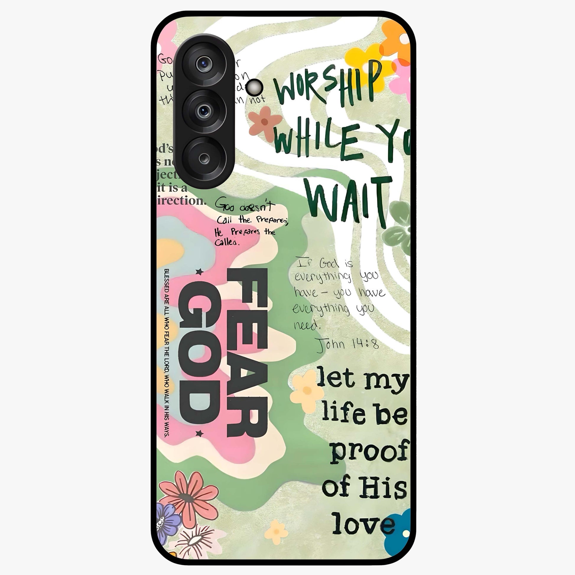 Faith Over Fear Glass Case showing flat back view with motivational typography artwork and glossy glass finish.