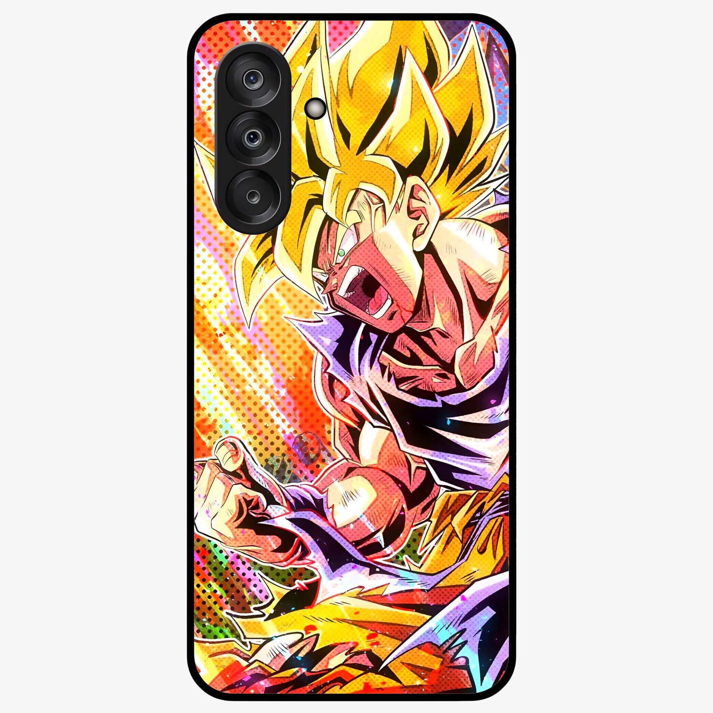 Firing Goku Glass Case showing flat back view with powerful anime inspired artwork and glossy glass finish.