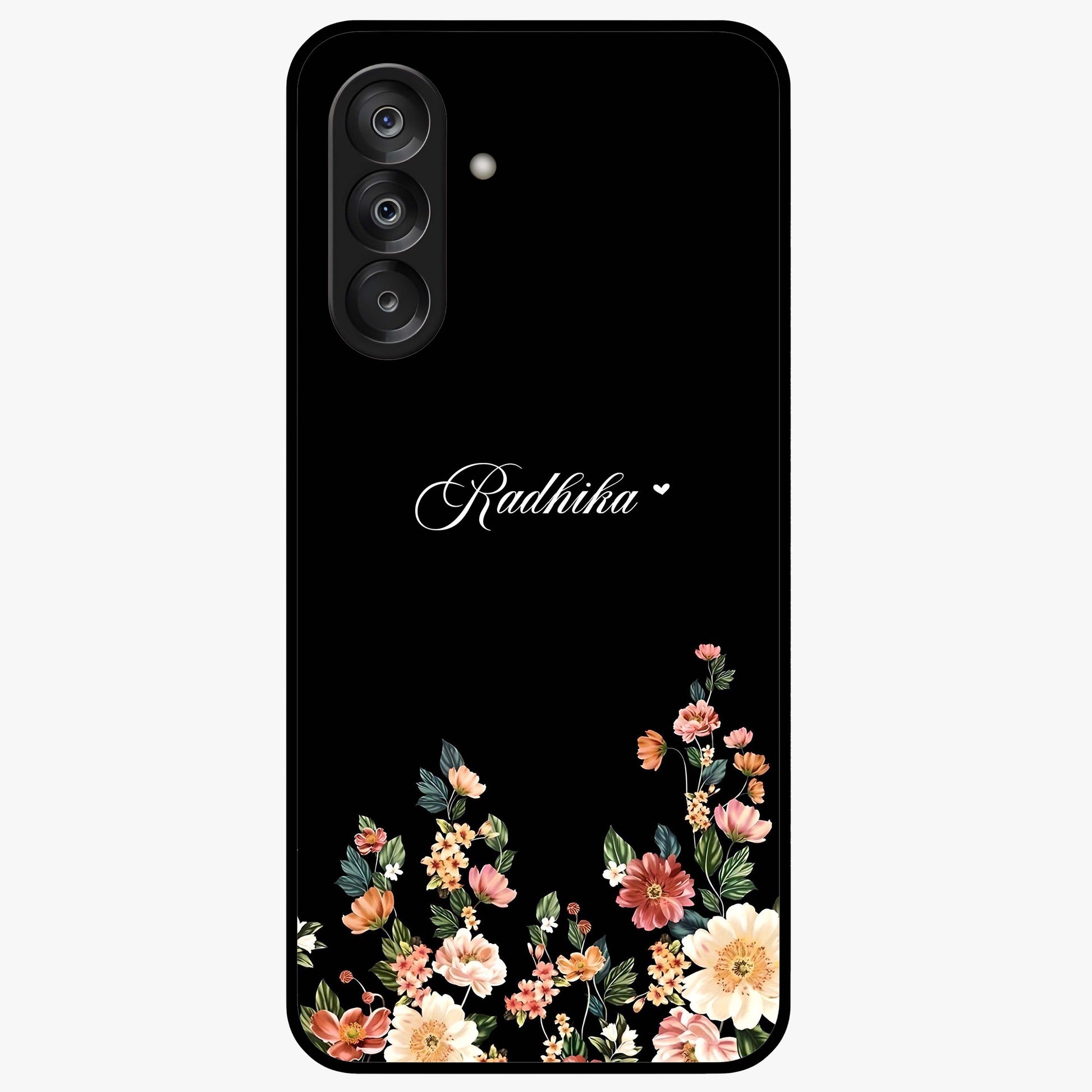 Floral Design With a Custom Personalized Name Glass Case showing flat back view with floral artwork and personalized name design.