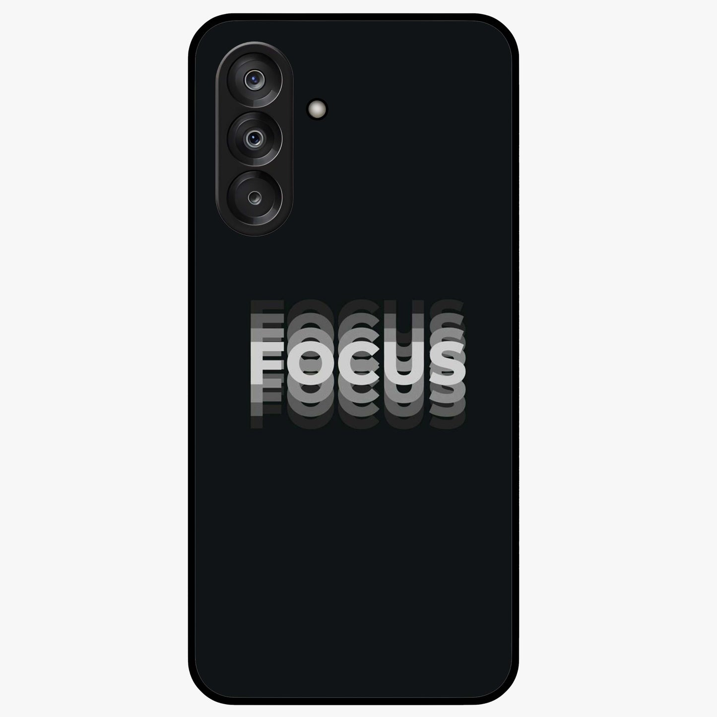 Focus Mode On Glass Case showing flat back view with bold motivational typography design and glossy glass finish.