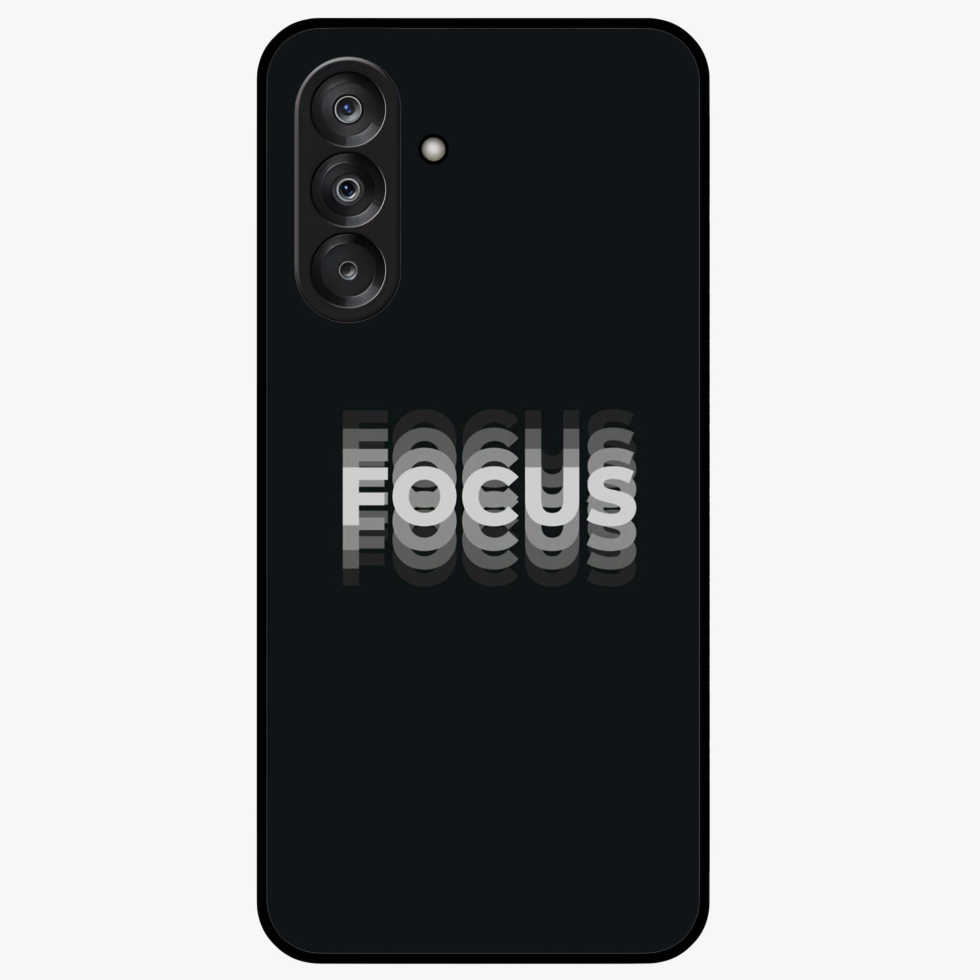 Focus Mode On Glass Case showing flat back view with bold motivational typography design and glossy glass finish.