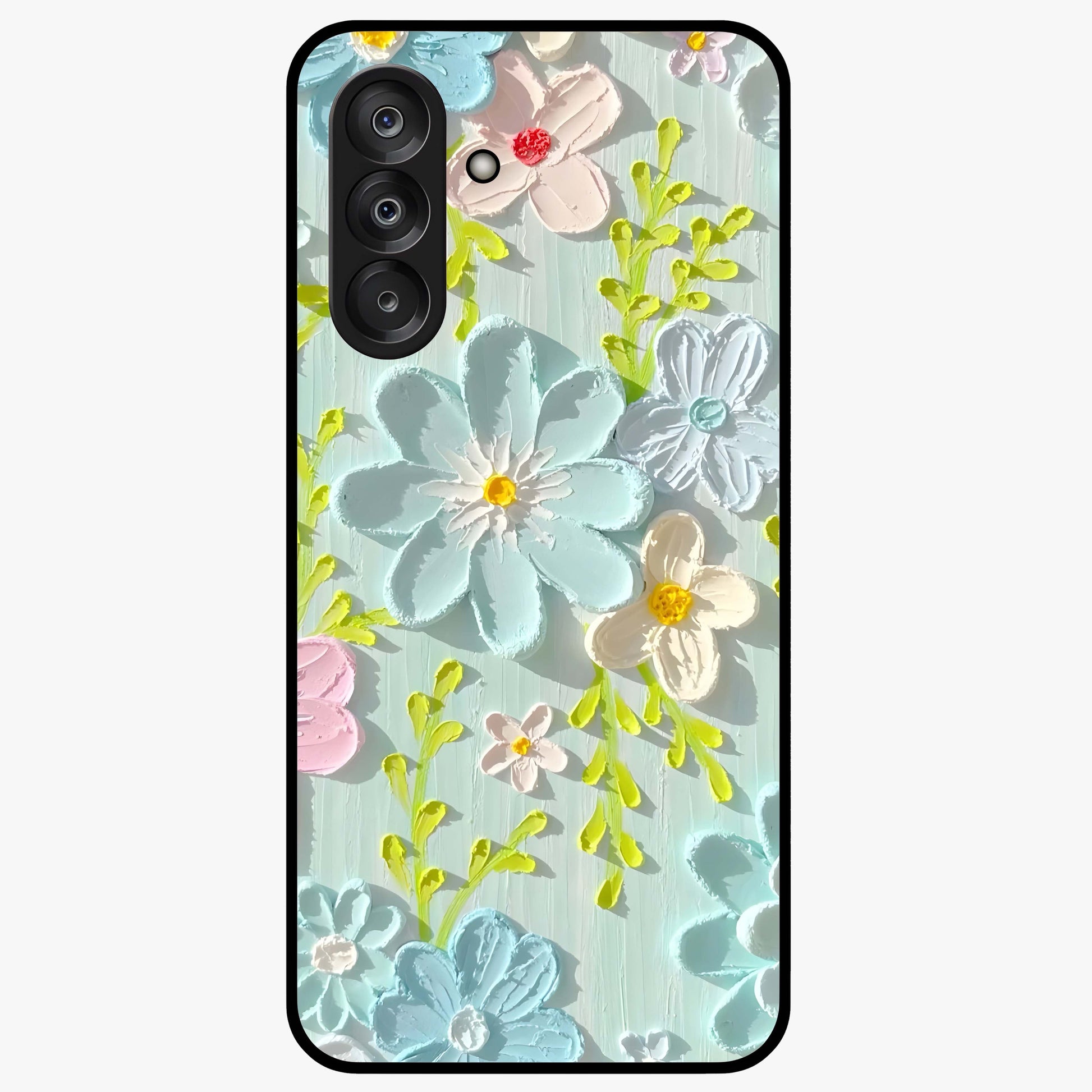 Frosted Petal Garden Glass Case showing flat back view with soft frosted floral artwork and glossy glass finish.