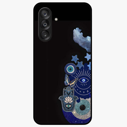 Galactic Charm Cluster Glass Case showing flat back view with glowing celestial charm artwork and glossy glass finish.