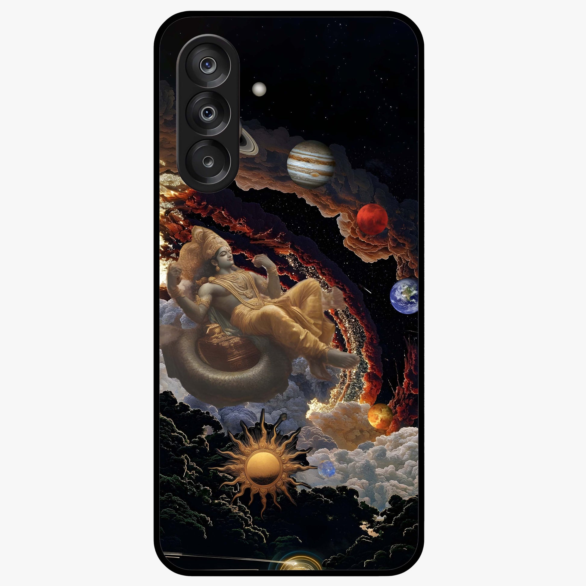 Galactic Divine God Glass Case showing flat back view with divine cosmic themed artwork and glossy glass finish.