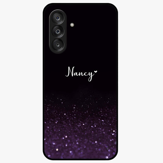 Glittery Purple Bokeh Custom Name Glass Case showing flat back view with purple bokeh sparkle artwork and personalized name design.