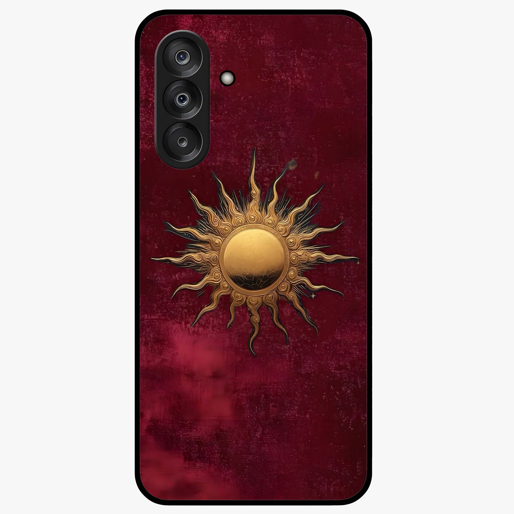 Gold Sun Blush Glass Case showing flat back view with golden sun inspired artwork and glossy glass finish.