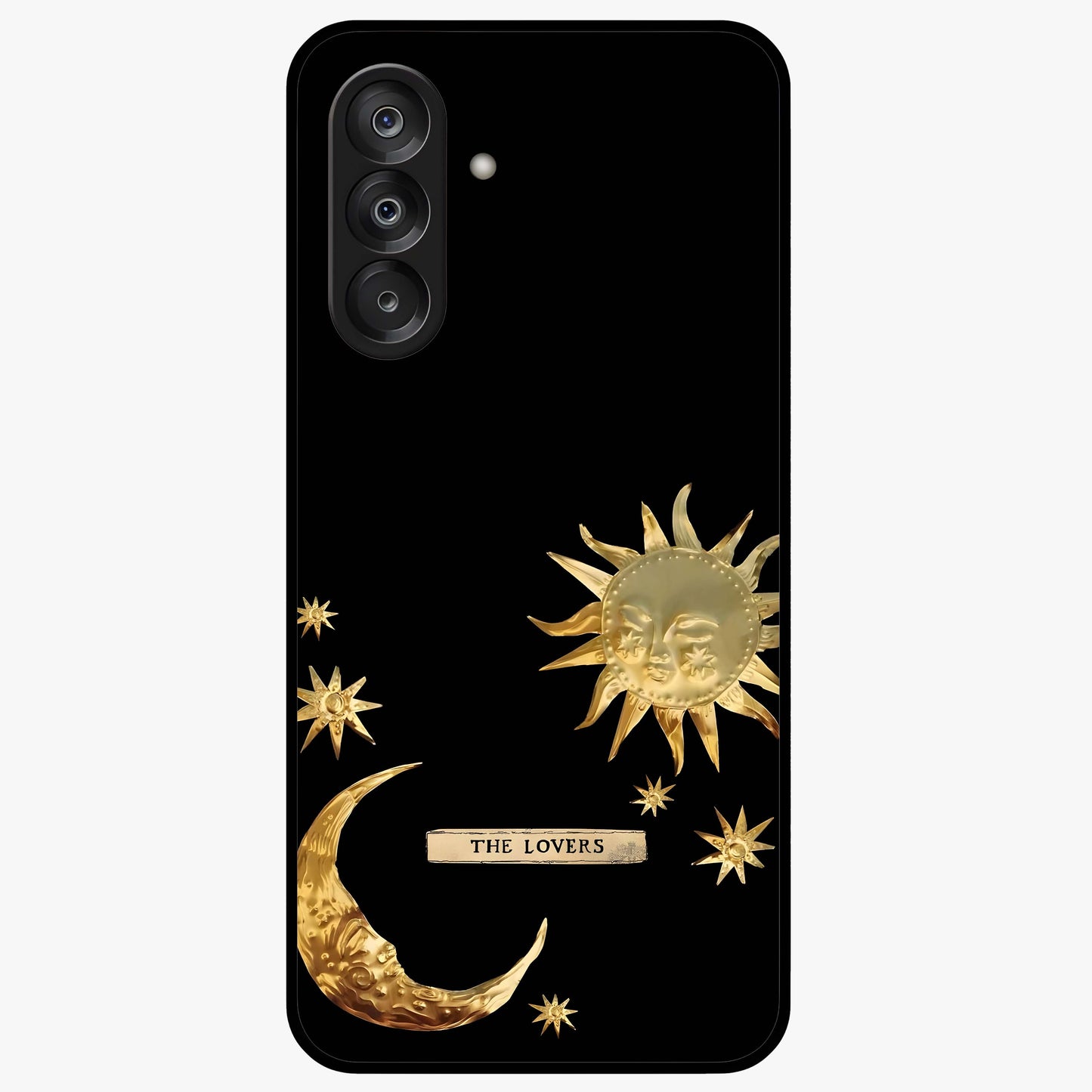 Golden Celestial Charm Glass Case showing flat back view with golden celestial charm artwork and glossy glass finish.