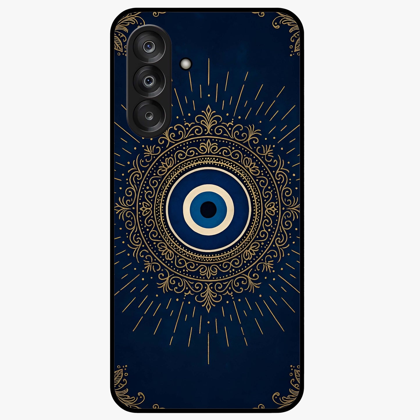Golden Evil Eye Mandala Glass Case showing flat back view with intricate evil eye mandala artwork and glossy glass finish.