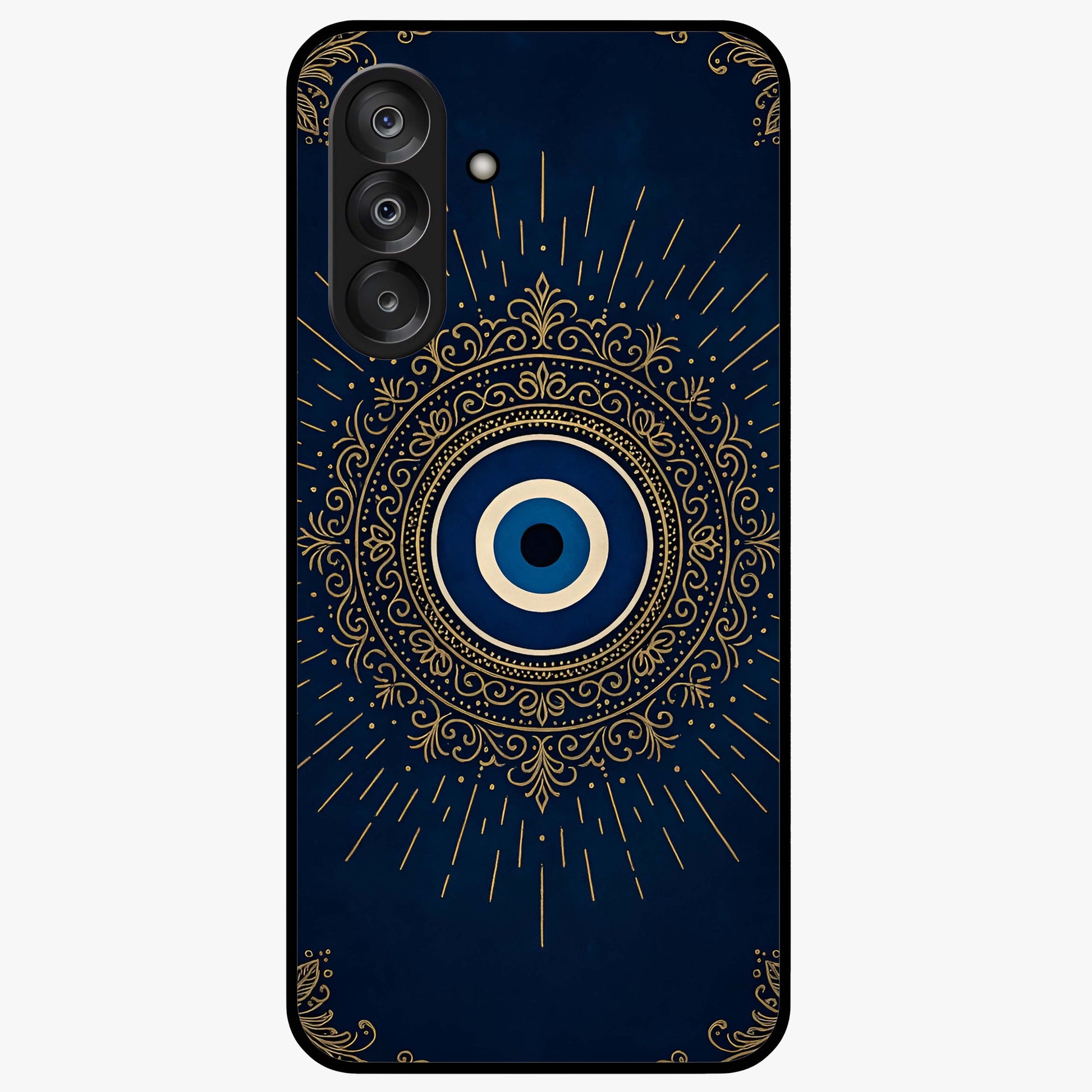 Golden Evil Eye Mandala Glass Case showing flat back view with intricate evil eye mandala artwork and glossy glass finish.