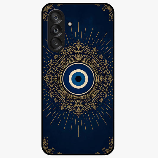 Golden Evil Eye Mandala Glass Case showing flat back view with intricate evil eye mandala artwork and glossy glass finish.