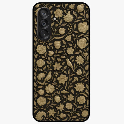 Golden Floral Majesty Glass Case showing flat back view with luxurious golden floral artwork and glossy glass finish.