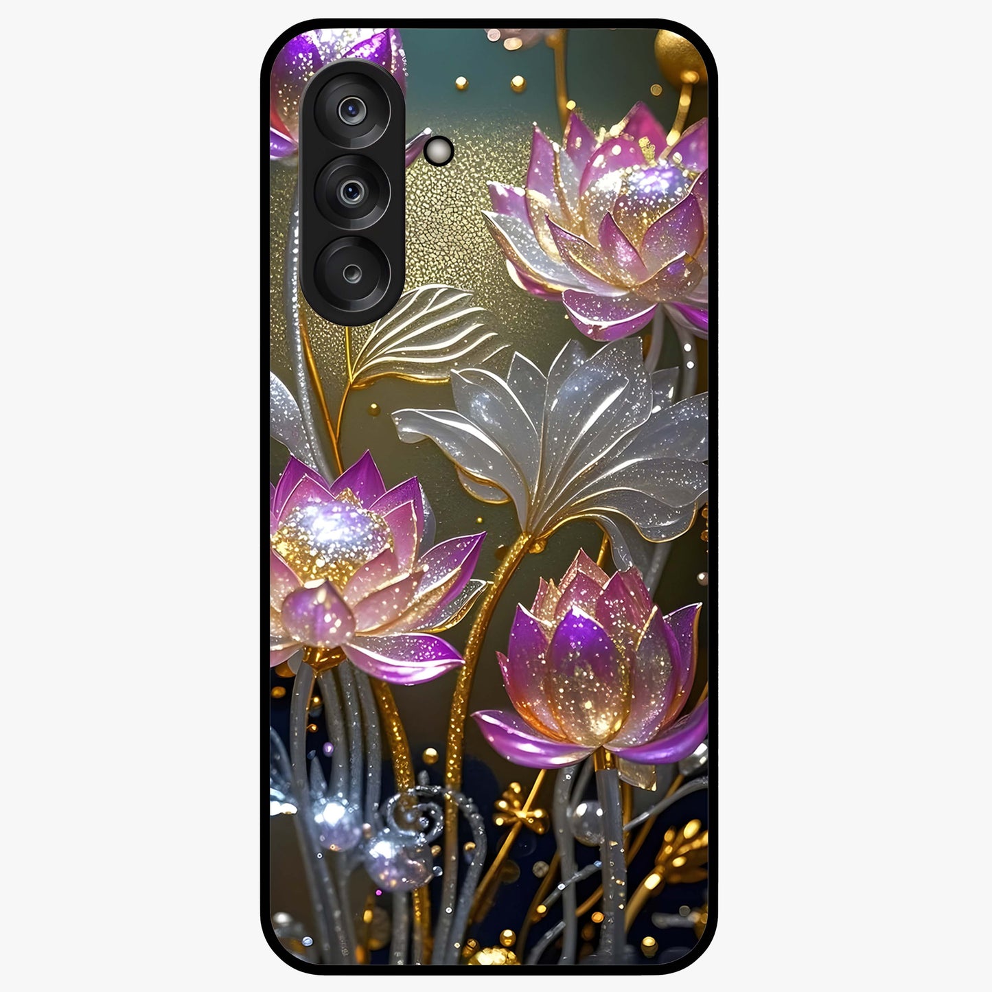 Golden Lotus Glow Glass Case showing flat back view with glowing lotus flower artwork and glossy glass finish.