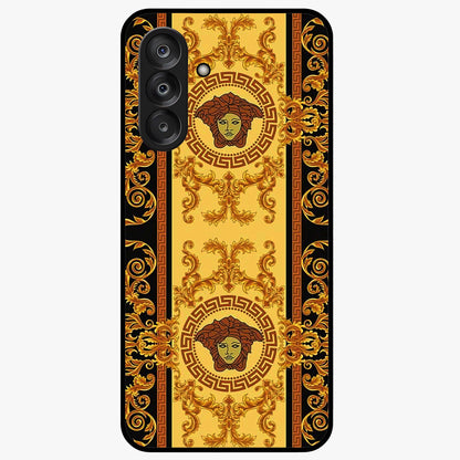 Golden Royal Heritage Glass Case showing flat back view with ornate royal pattern artwork and glossy glass finish.