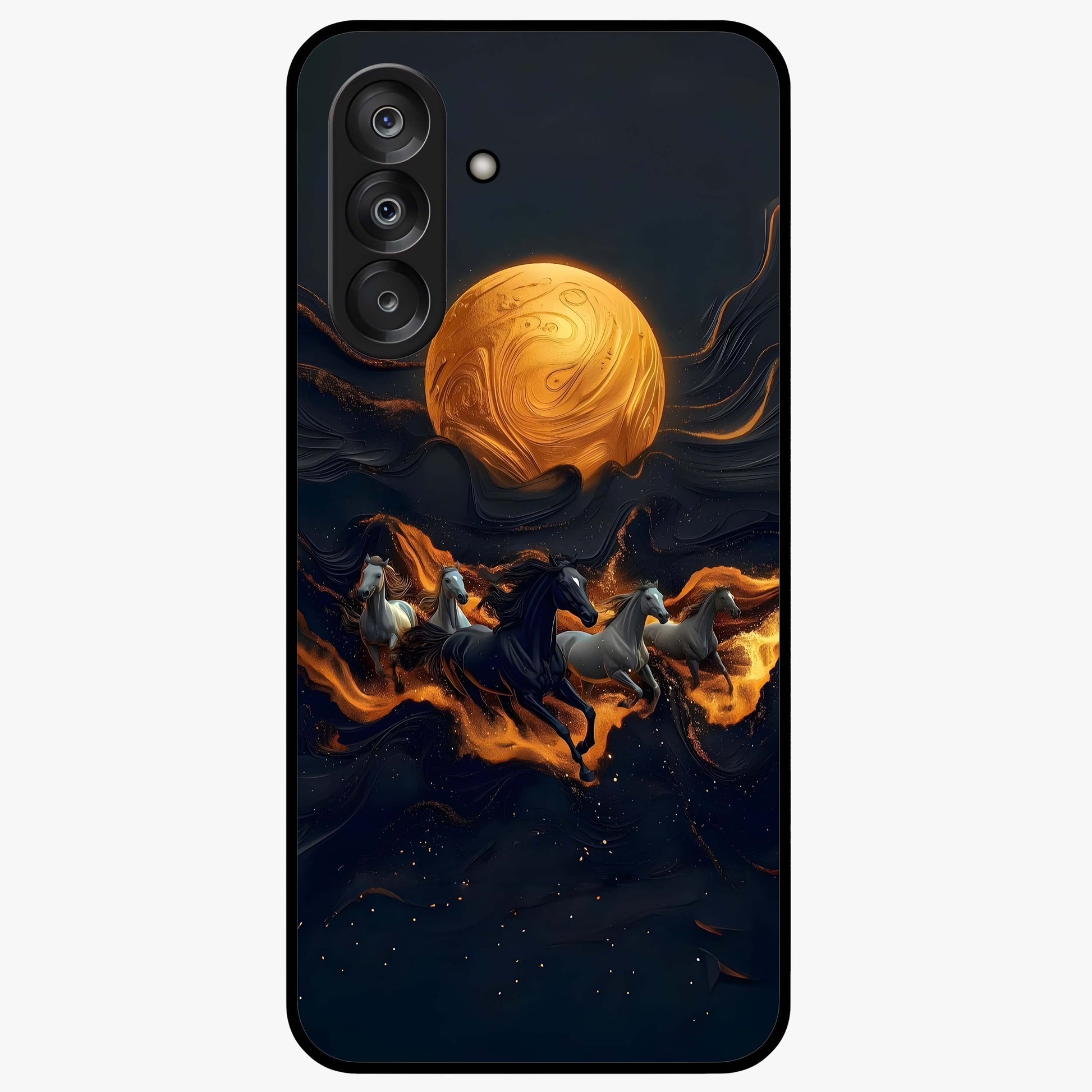 Golden Stallion Moonride Glass Case showing flat back view with majestic horse under moonlight artwork and glossy glass finish.