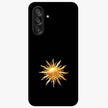 Golden Sun Minimalism Glass Case showing flat back view with minimal golden sun artwork and glossy glass finish.