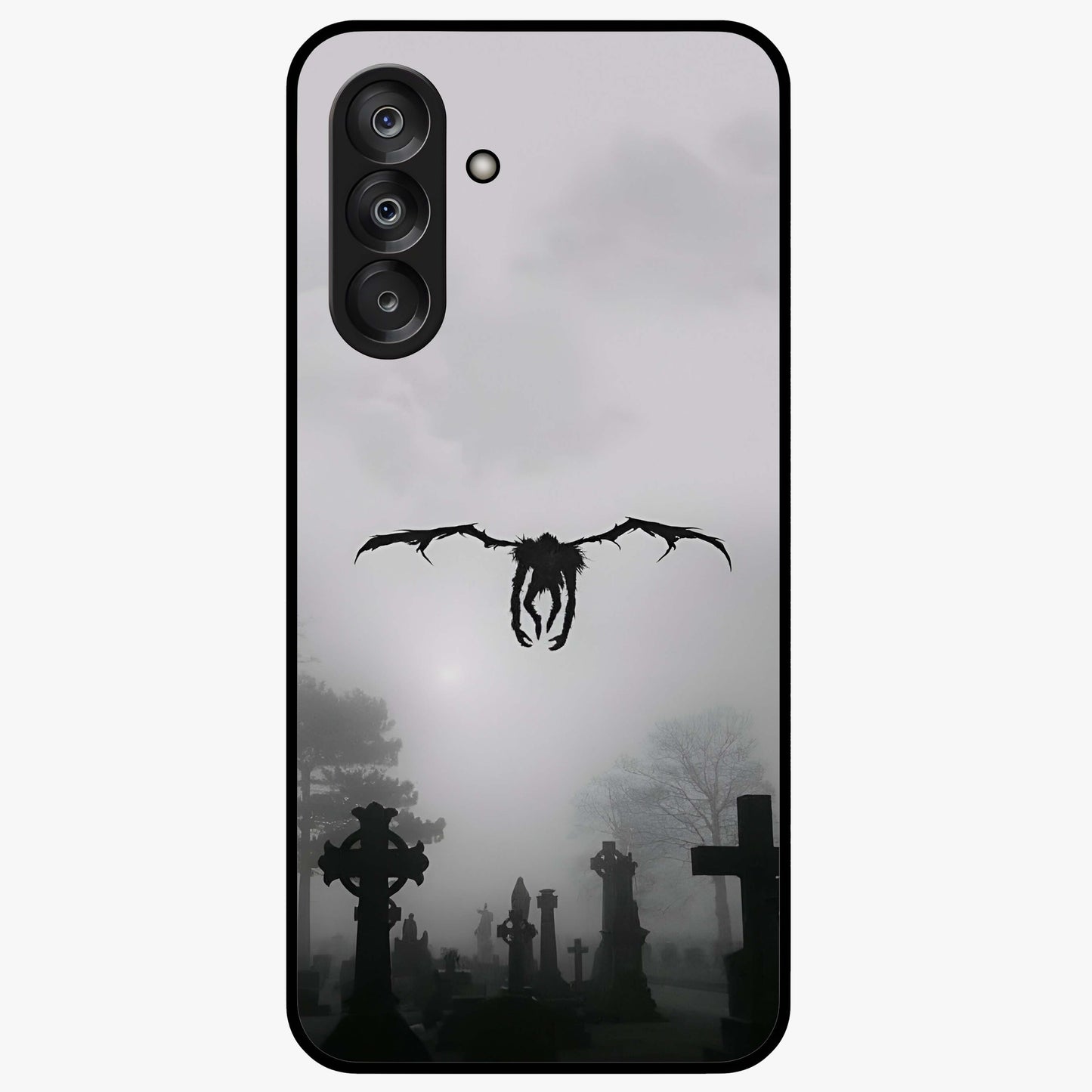 Graveyard Shadow Descent Glass Case showing flat back view with dark graveyard themed artwork and glossy glass finish.