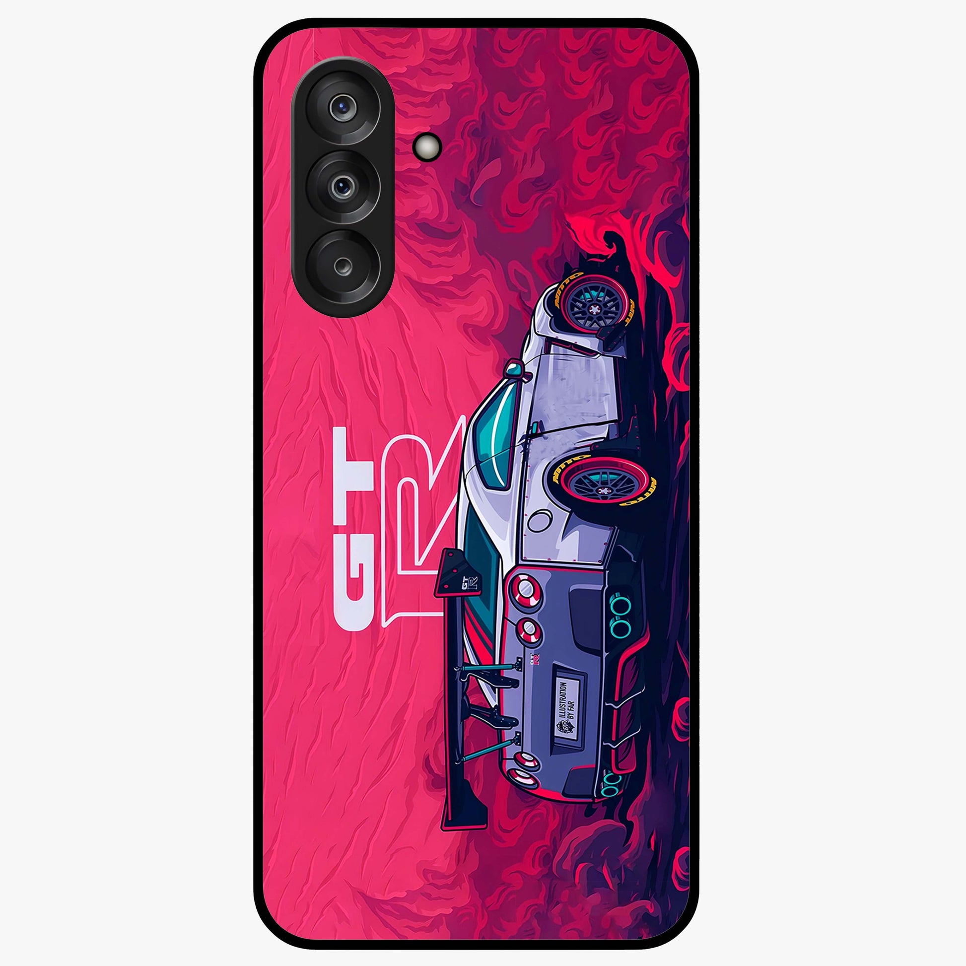 GT-R Car Pattern Glass Case showing flat back view with sporty car inspired pattern artwork and glossy glass finish.