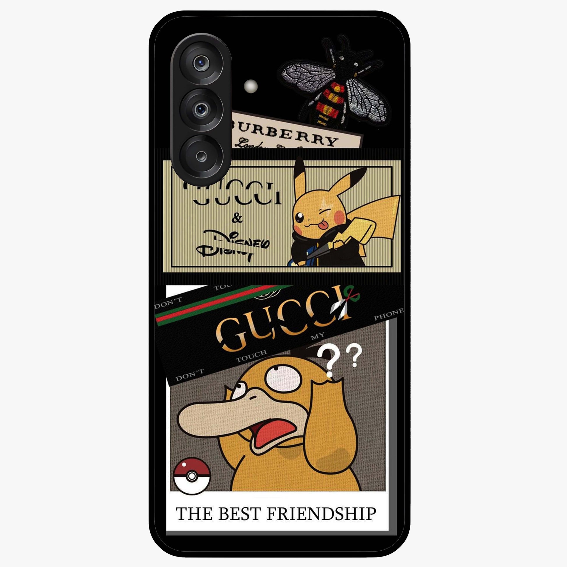 Gucci Play Mashup Glass Case showing flat back view with luxury inspired graphic artwork and glossy glass finish.