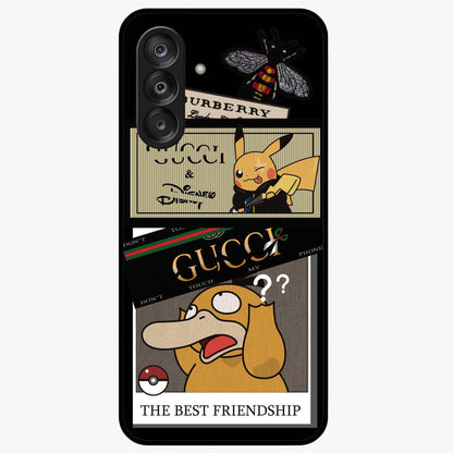 Gucci Play Mashup Glass Case showing flat back view with luxury inspired graphic artwork and glossy glass finish.