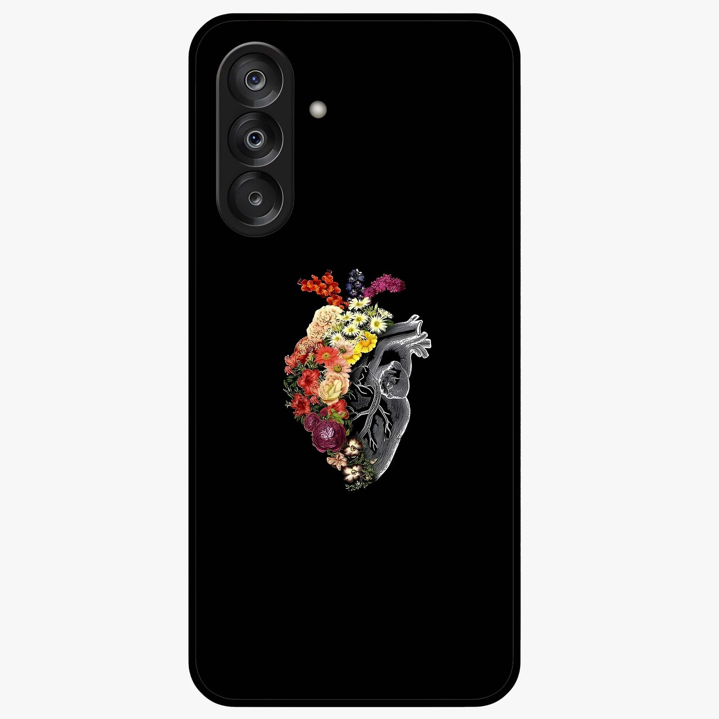Heart With Flowers Glass Case showing flat back view with heart shaped floral artwork and glossy glass finish.