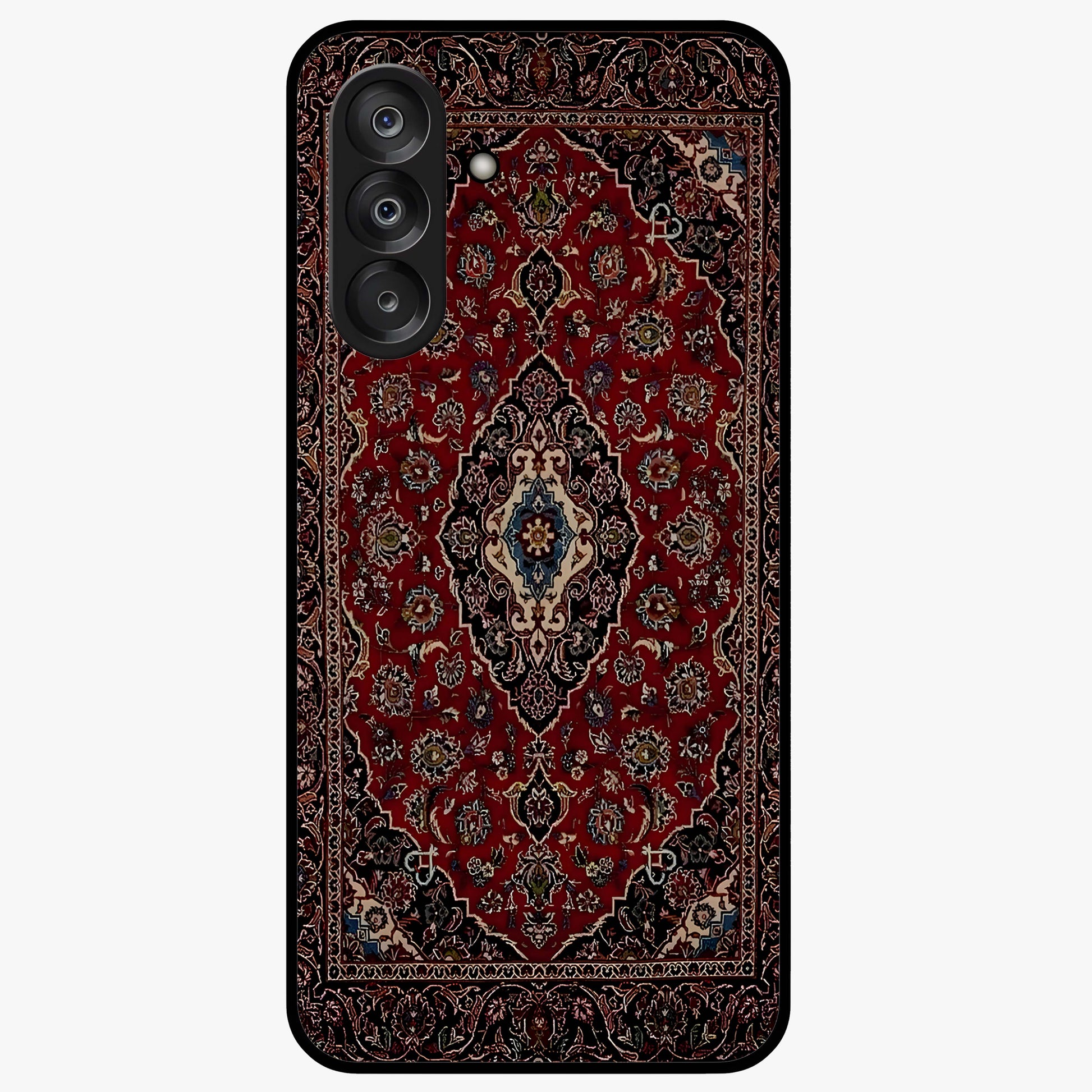 Heritage Carpet Royale Glass Case showing flat back view with ornate Persian carpet inspired pattern and glossy glass finish.