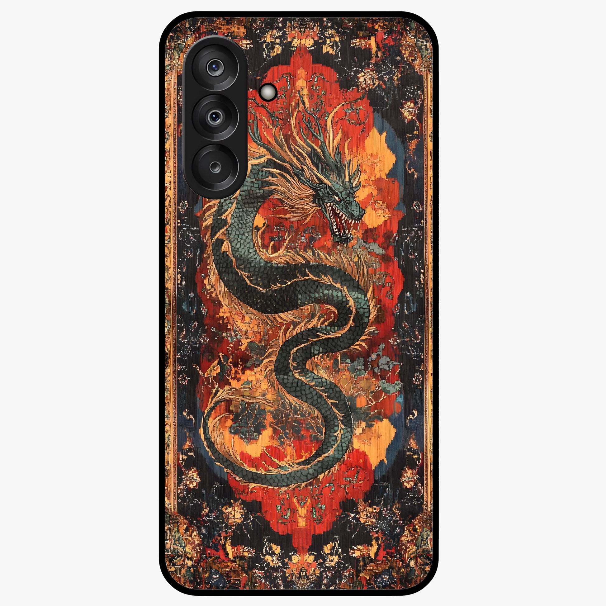 Inferno Dragon Soul Glass Case showing flat back view with fiery dragon artwork and glossy glass finish.