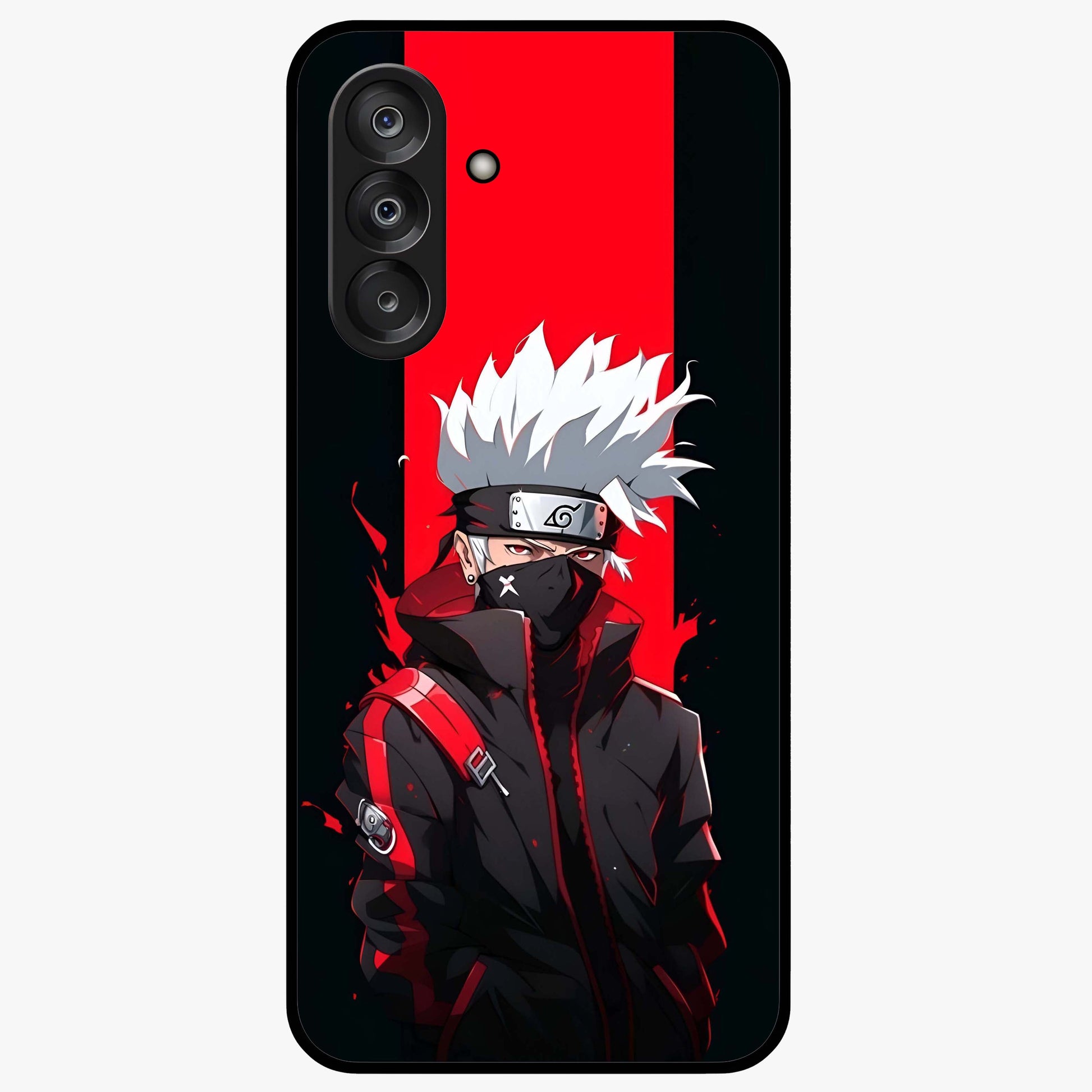 Kakashi Scarlet Shadow Glass Case showing flat back view with powerful anime ninja artwork and glossy glass finish.