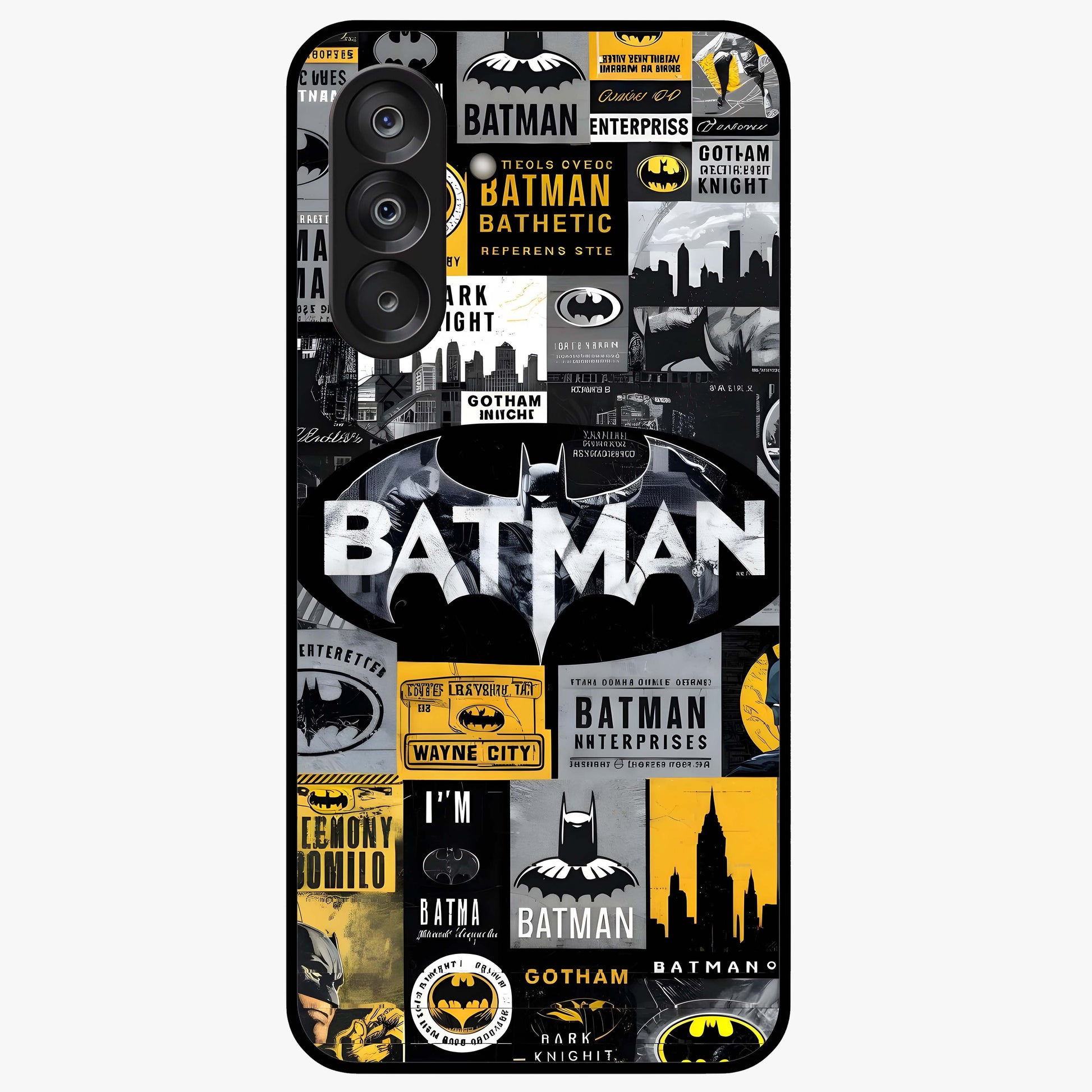 Knight Gotham Rise Glass Case showing flat back view with dark hero inspired artwork and glossy glass finish.