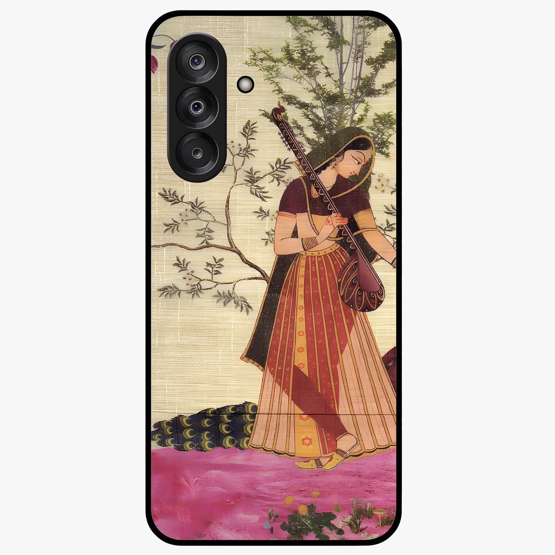 Lady With Veena Art Glass Case showing flat back view with elegant woman playing veena artwork and glossy glass finish.