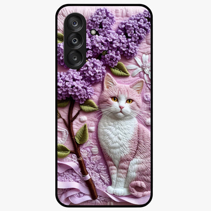 Lavender Cat Whimsy Glass Case showing flat back view with cute lavender cat artwork and glossy glass finish.