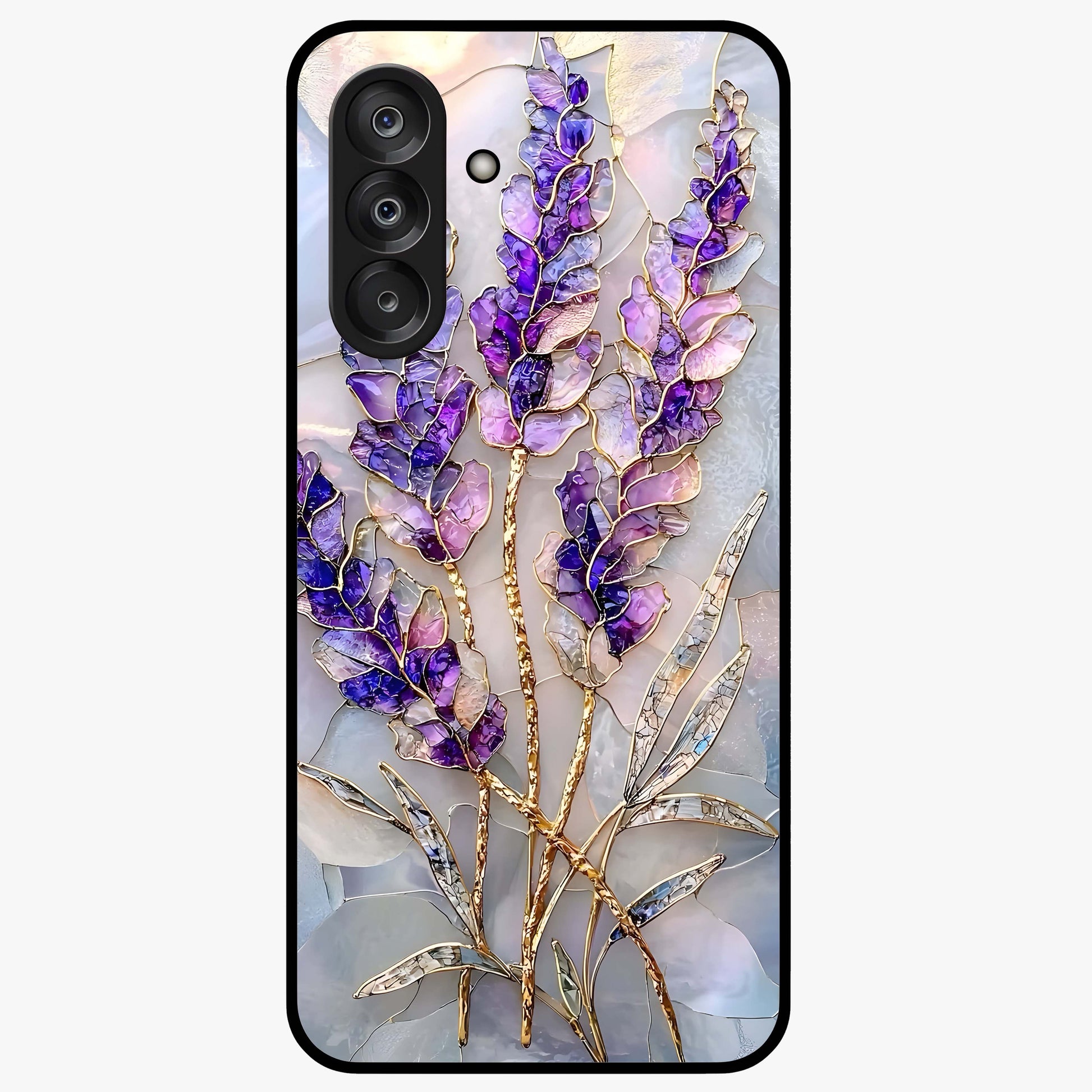 Lavender Dream Glow Glass Case showing flat back view with glowing lavender aesthetic artwork and glossy glass finish.