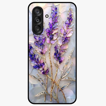 Lavender Dream Glow Glass Case showing flat back view with glowing lavender aesthetic artwork and glossy glass finish.