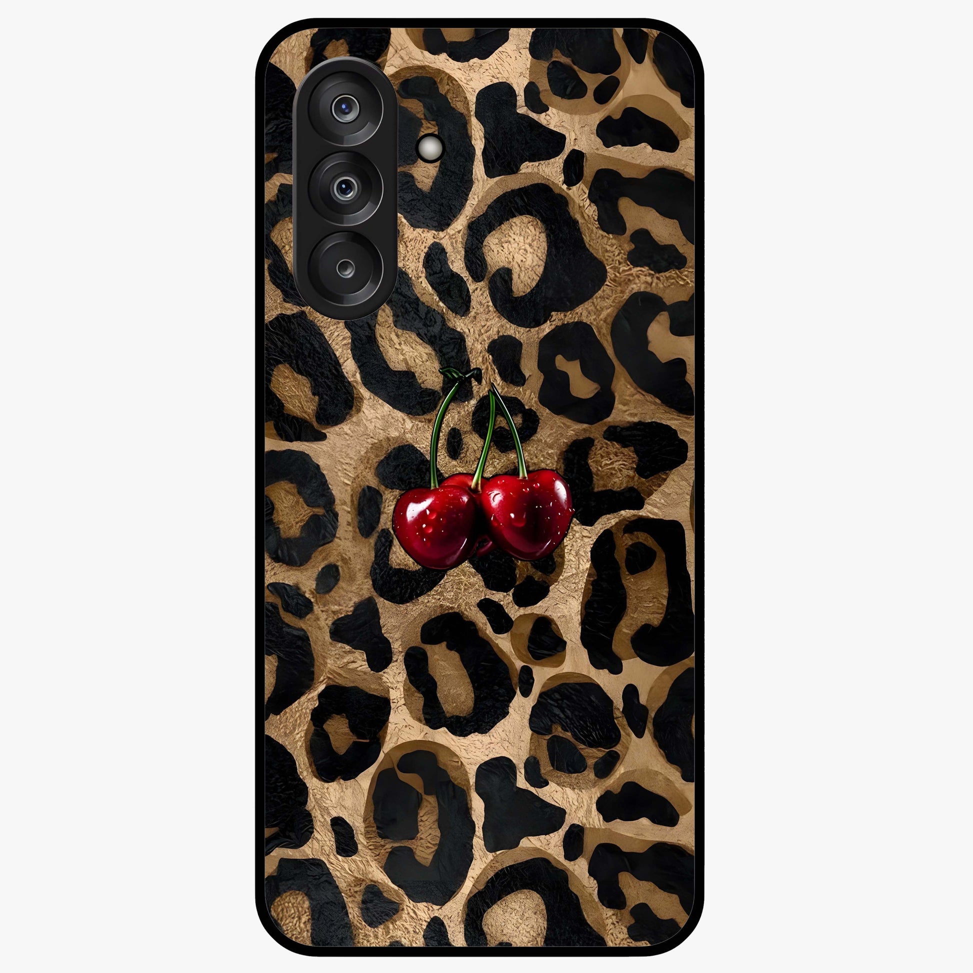 Leopard Wild Cherry Glass Case showing flat back view with leopard pattern and cherry artwork and glossy glass finish.