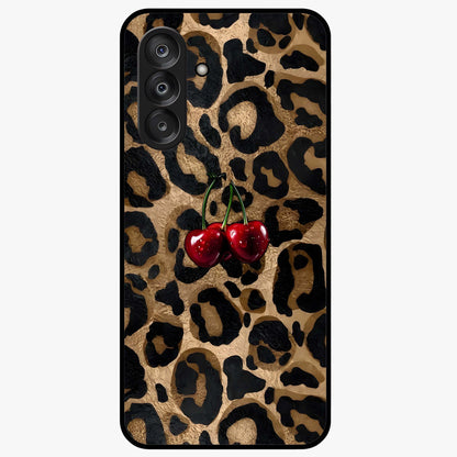 Leopard Wild Cherry Glass Case showing flat back view with leopard pattern and cherry artwork and glossy glass finish.