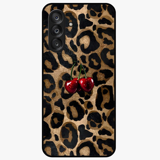 Leopard Wild Cherry Glass Case showing flat back view with leopard pattern and cherry artwork and glossy glass finish.