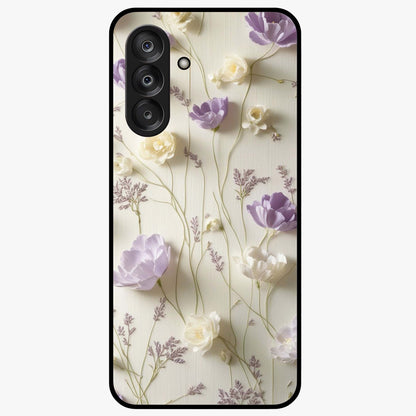Lilac Breeze Harmony Glass Case showing flat back view with soft lilac themed artwork and glossy glass finish.
