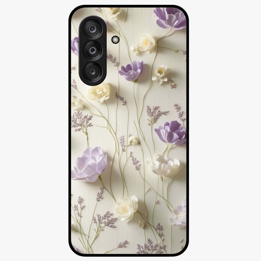 Lilac Breeze Harmony Glass Case showing flat back view with soft lilac themed artwork and glossy glass finish.